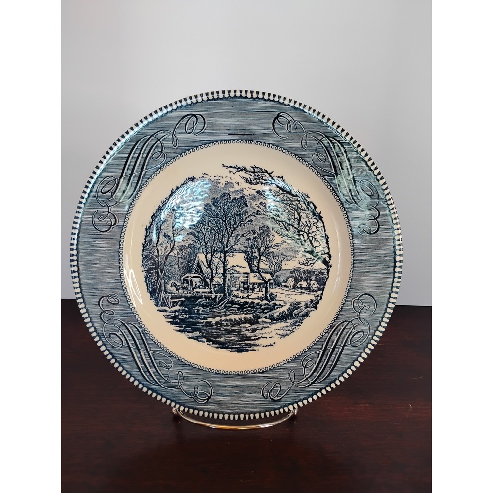Currier and Ives The Old Grist Mill Blue White Dinner Plate10in RoyalUSA Vintage